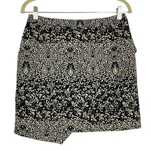 H&M Faux Wrap Mini Skirt Floral Jacquard, Lined, US10, black/blue/ivory